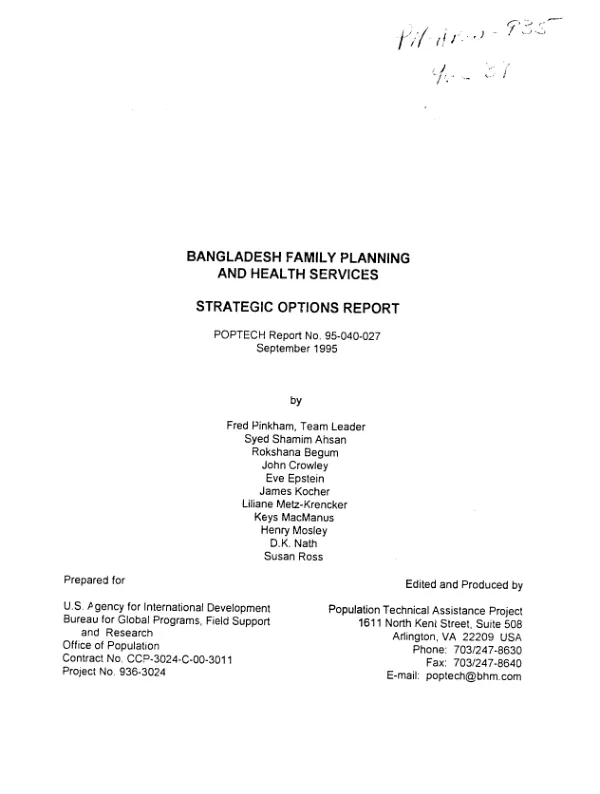 Bangladesh family planning and health services : strategic options report