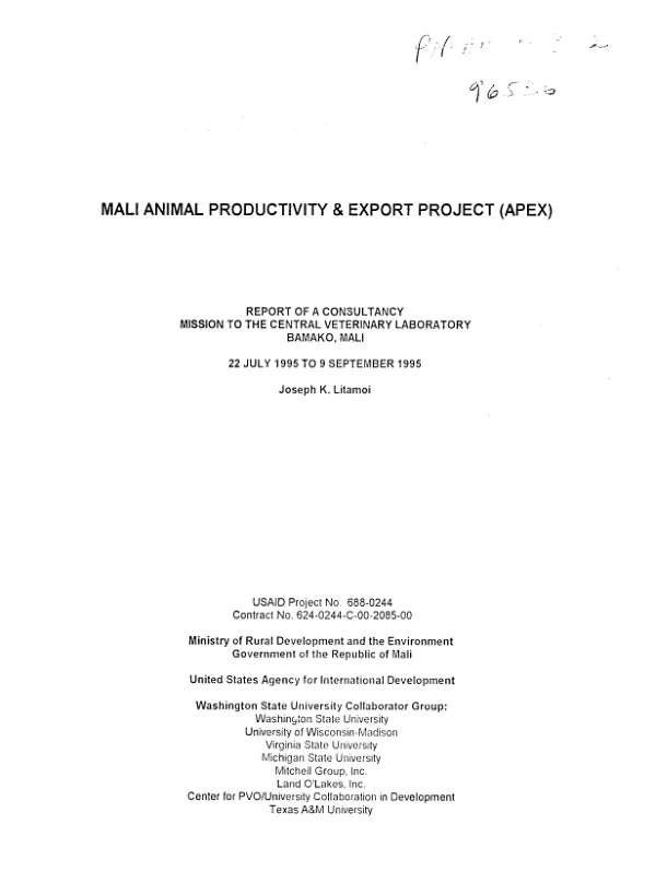 Mali animal productivity and export project (APEX) : report of a consultancy mission to the Central Veterinary Laboratory, Bamako, Mali, 22 July 1995 to 9 September 1995