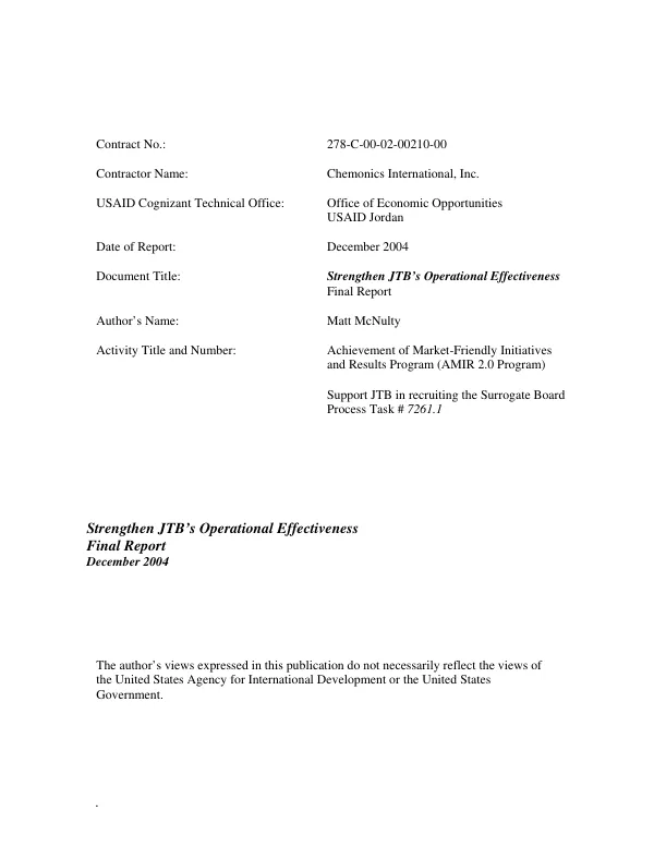 Strengthen JBT"s operational effectiveness : final report