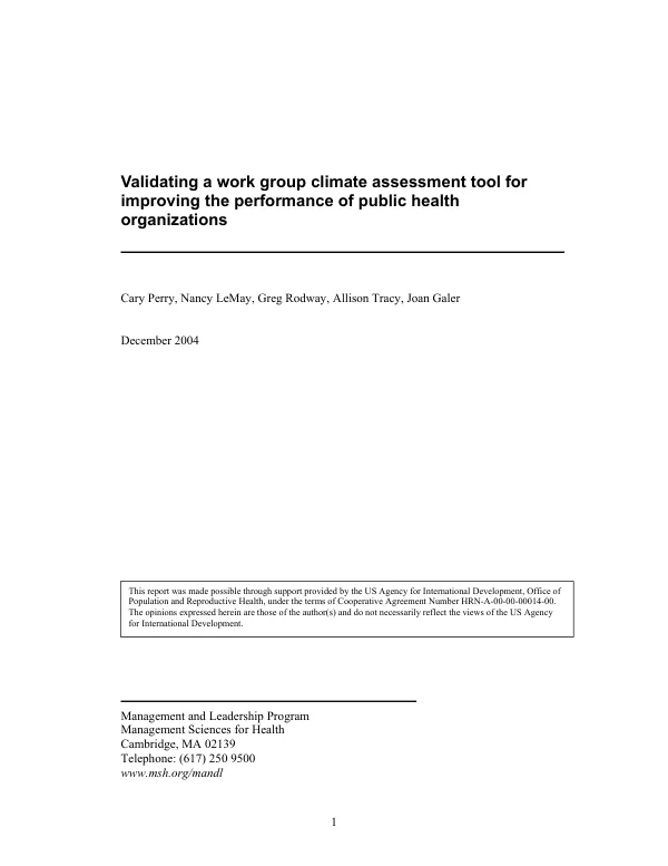 Validating a work group climate assessment tool [WCA] for improving the performance of public health organizations
