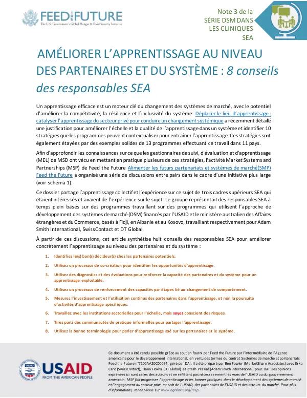 AMÉLIORER L’APPRENTISSAGE AU NIVEAU DES PARTENAIRES ET DU SYSTÈME : 8 conseils des responsables SEA