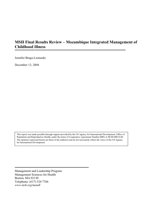 MSH final results review : Mozambique integrated management of childhood illness [IMCI]