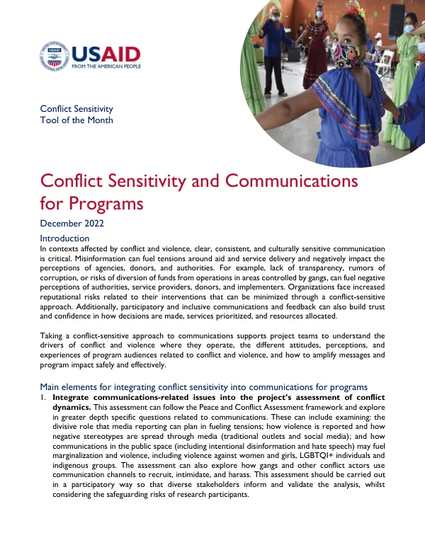 Conflict Sensitivity Tool of the Month: Conflict Sensitivity and Communications for Programs