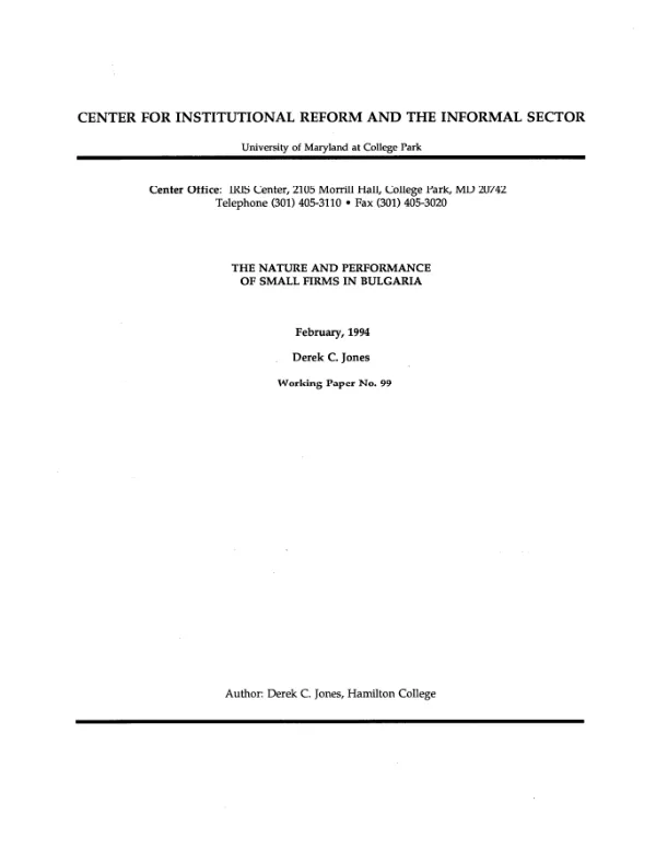 Nature and performance of small firms in Bulgaria