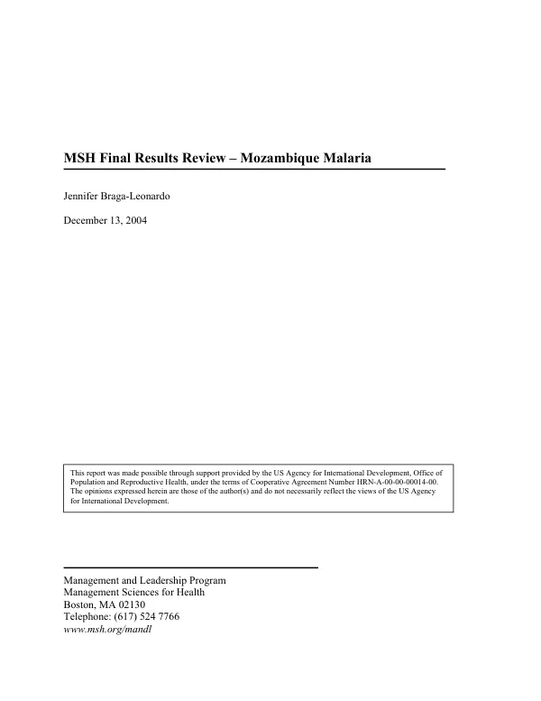 MSH final results review : Mozambique malaria