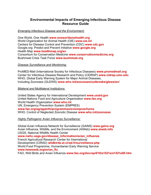 Environmental Impacts of Emerging Infectious Disease Resource Guide
