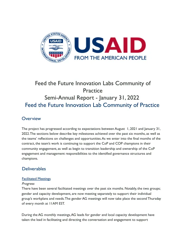 Feed the Future Innovation Labs Community of Practice Semi-Annual Report