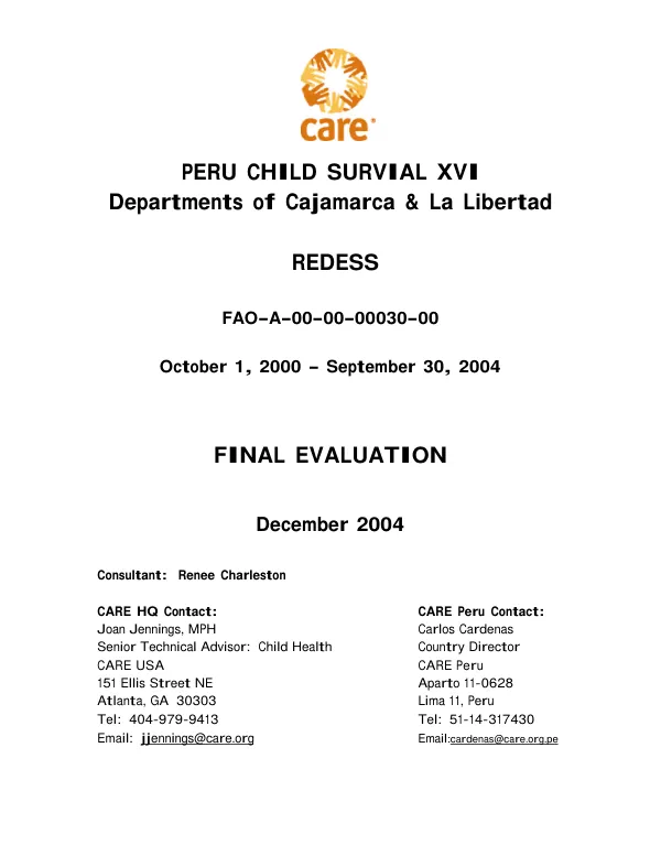 Peru child survival XVI : Departments of Cajamarca & La Libertad -- REDESS : FAO-A-00-00-00030-00 : October 1, 2000-September 30, 2004 -- final evaluation