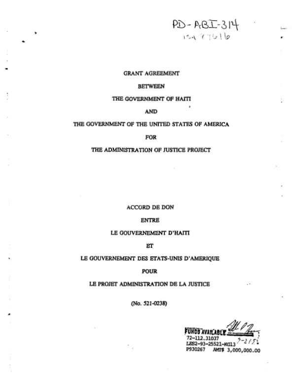 Grant Agreement Between the Government of Haiti and the Government of the United States of America for the Administration of Justice Project