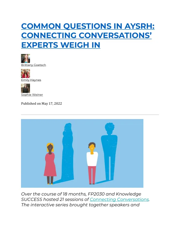 Common Questions in AYSRH: Connecting Conversations’ Experts Weigh In