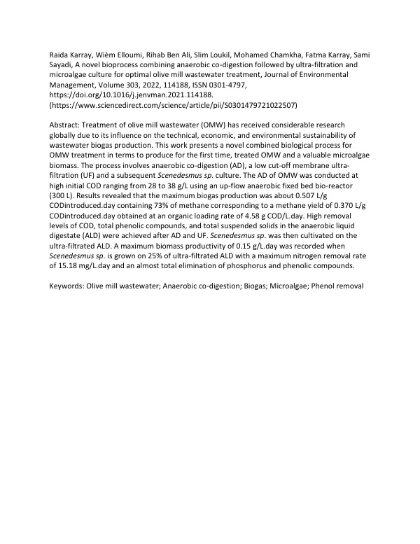 A novel bioprocess combining anaerobic co-digestion followed by ultra-filtration and microalgae culture for optimal olive mill wastewater treatment