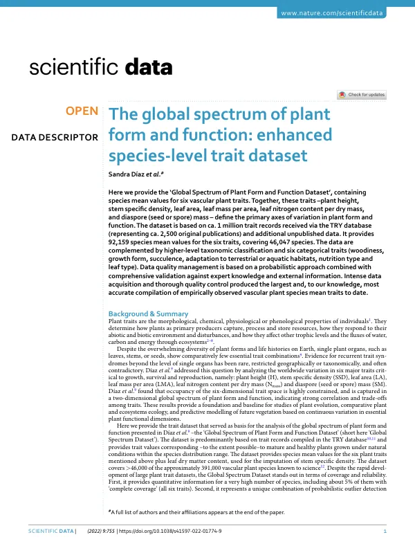 The global spectrum of plant form and function: enhanced species-level trait dataset