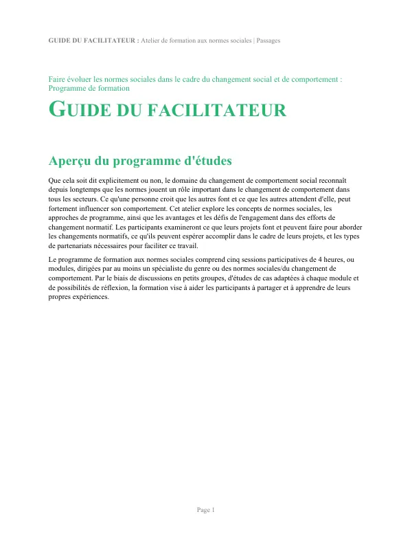 GUIDE DU FACILITATEUR : Atelier de formation aux normes sociales