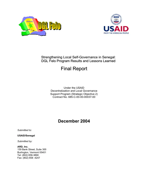 Strengthening local self-governance in Senegal : DGL Felo [decentralisation gouvernance locale, progres] program results and lessons learned : final report