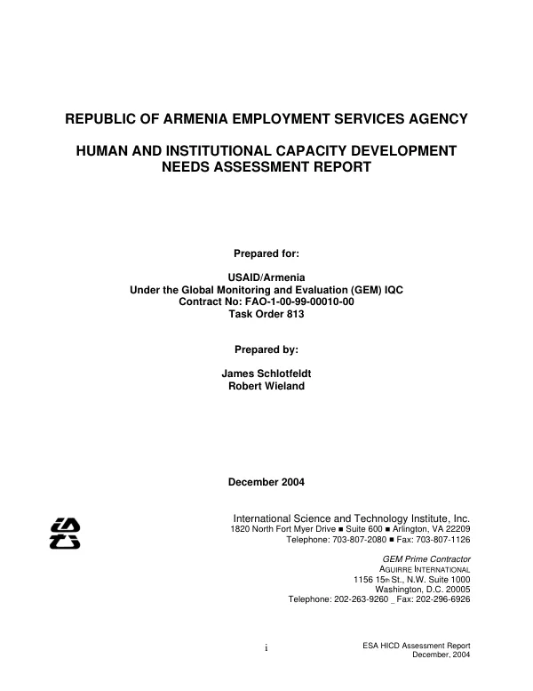 Republic of Armenia Employment Services Agency : human and institutional capacity development needs assessment report