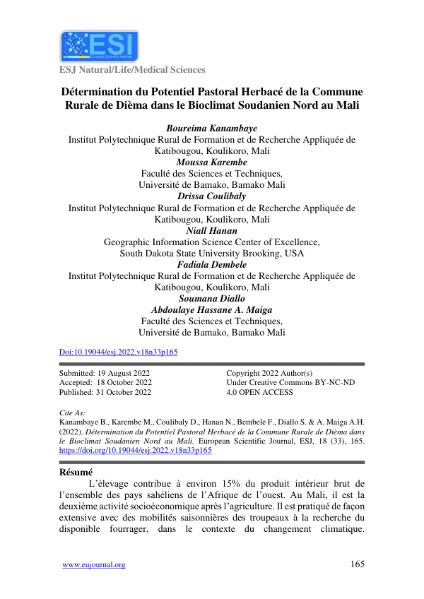 Determination of the Herbaceous Pastoral Potential of the Rural Commune of Diéma in the North Sudanian Bioclimate in Mali