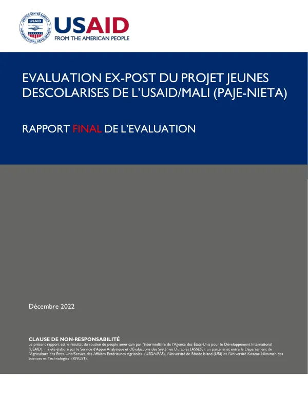 Rapport Final Évaluation ex-post du Projet Jeunes Déscolarisés de l'USAID/Mali (PAJE-NIETA)
