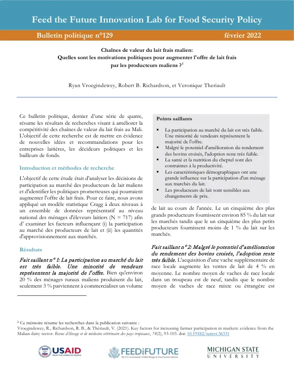 Quelles sont les motivations politiques pour augmenter l'offre de lait frais par les producteurs maliens