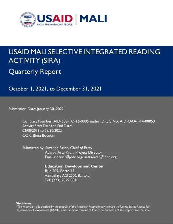 USAID Mali/SIRA (Selective Integrated Reading Activity) Quarterly Report
