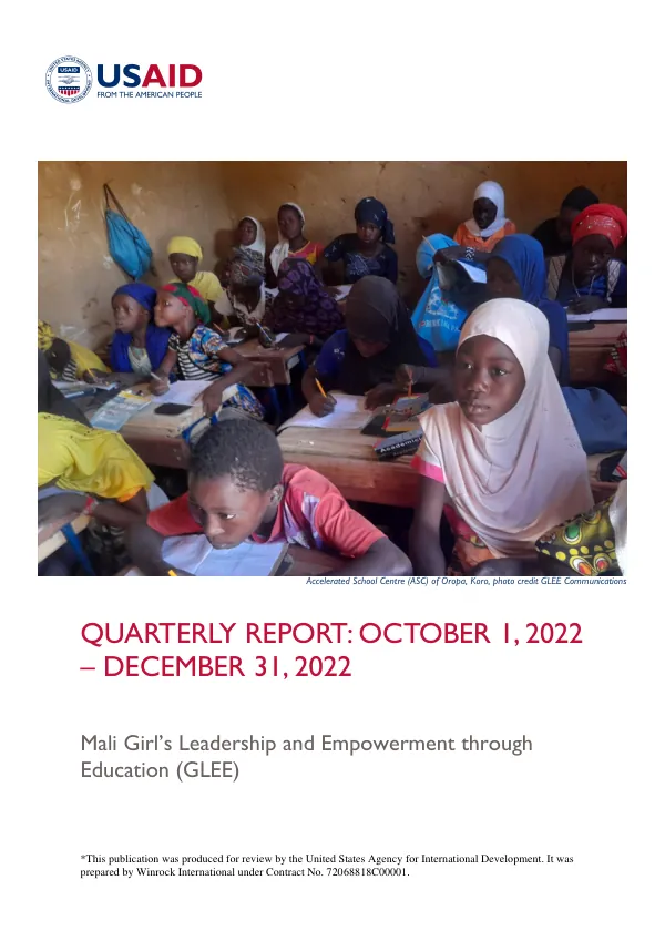 Quarterly Report: October 1, 2022 – December 31, 2022, Mali Girl’s Leadership and Empowerment through Education (GLEE)