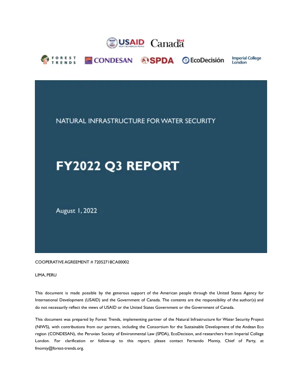 Natural Infrastructure for Water Security Project (NIWS) Quarterly Report Q3 FY2022
