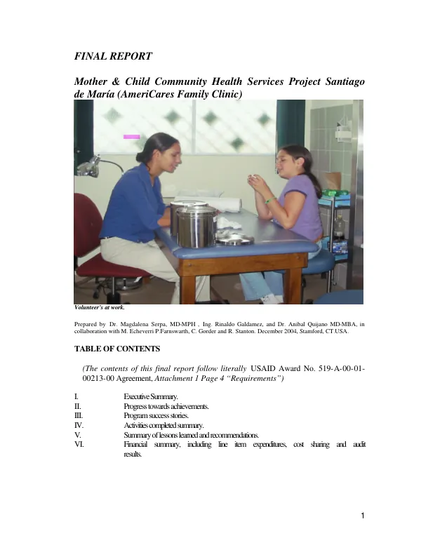 Final report : mother & child community health services project Santiago de Maria[, El Salvador] (AmeriCares Family Clinic)