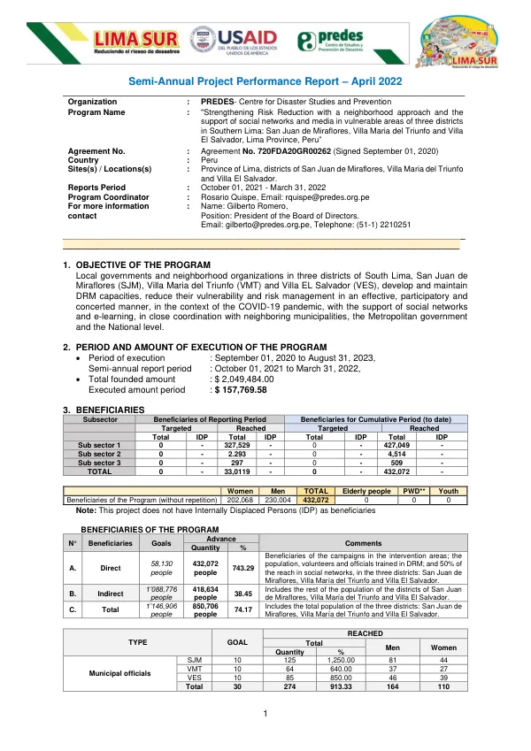 Semi-Annual Project Performance Report – April 2022