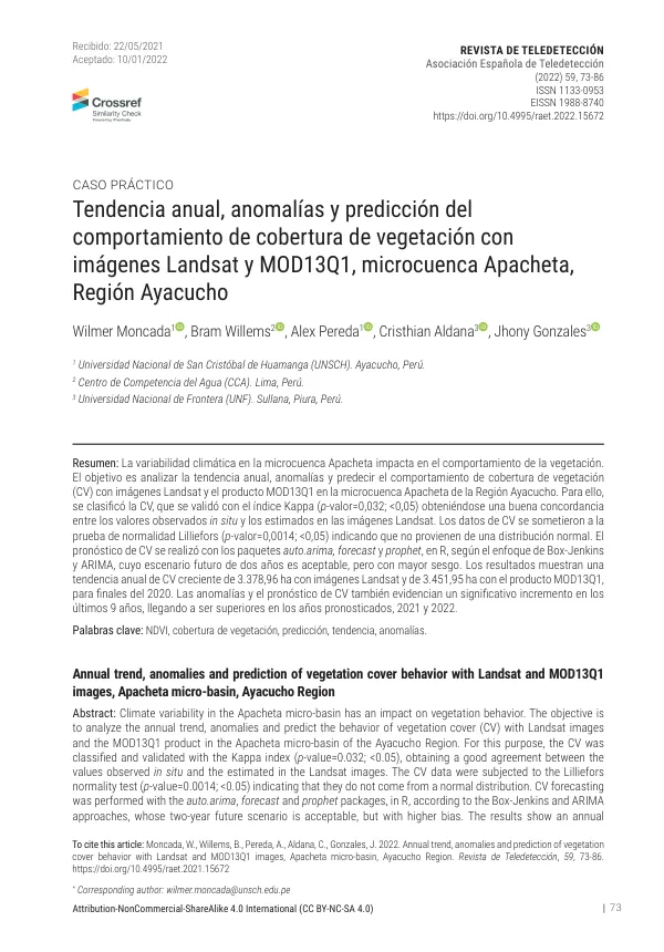Annual trend, anomalies and prediction of vegetation cover behavior with Landsat and MOD13Q1 images, Apacheta micro-basin, Ayacucho Region