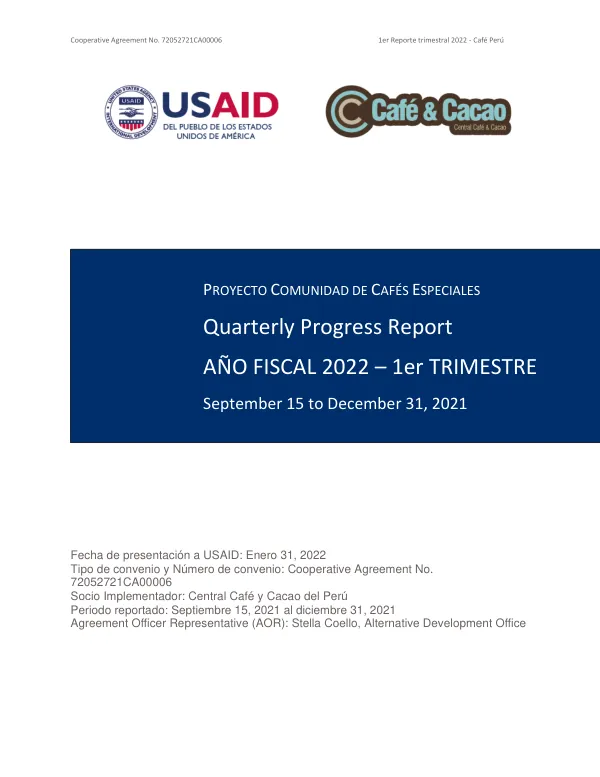 Quarterly Progress Report: Community of Special Coffees Project - 1st Quarter 2022