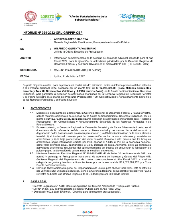 Información complementaria de la solicitud de demanda adicional solicitada para el Año Fiscal 2022, para la ejecución de actividades priorizadas por la Gerencia Regional de Desarrollo Forestal y de Fauna Silvestre en el marco del PP 130