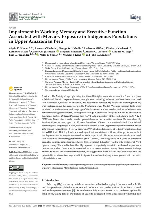 Impairment in Working Memory and Executive Function Associated with Mercury Exposure in Indigenous Populations in Upper Amazonian Peru