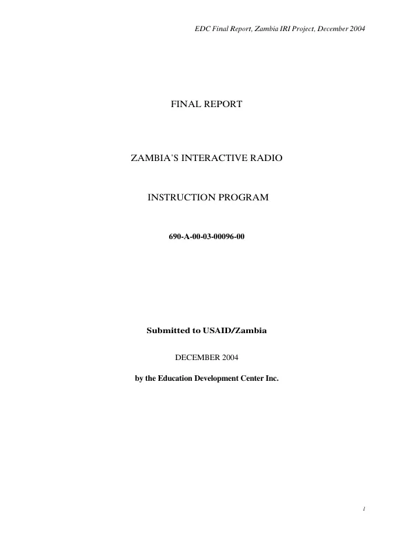 Final report : Zambia"s interactive radio instruction [IRI] program