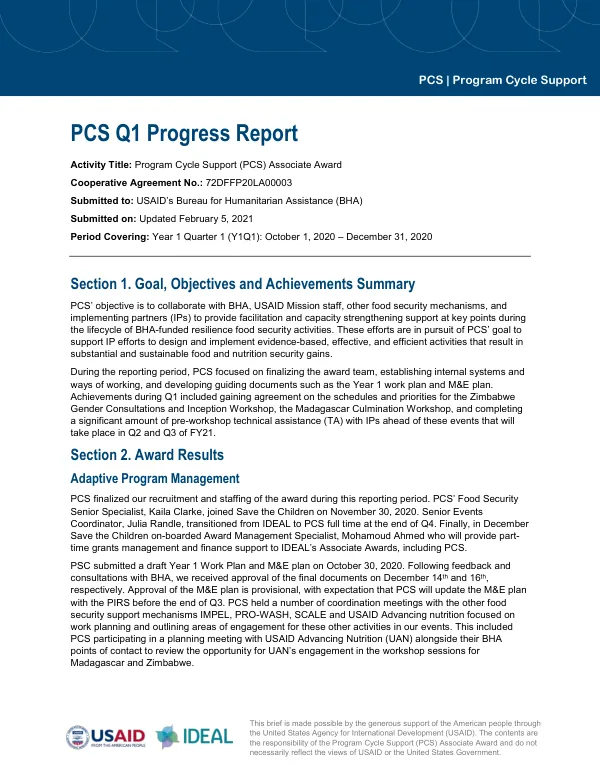 PCS Q1 Progress Report: Program Cycle Support (PCS) Associate Award