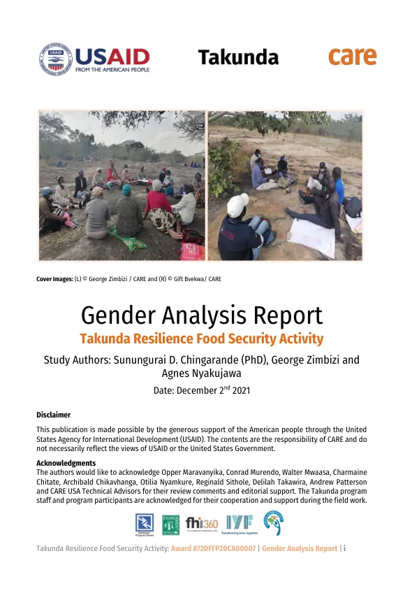 Gender Analysis Report: Takunda Resilience Food Security Activity