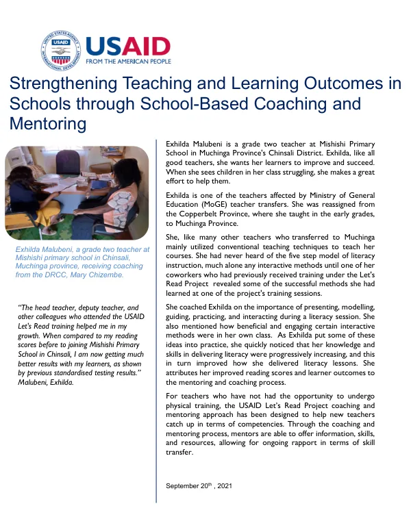 Strengthening Teaching and Learning Outcomes in Schools through School-Based Coaching and Mentoring