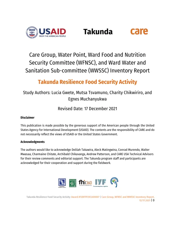 Care Group, Water Point, Ward Food and Nutrition Security Committee (WFNSC) and Ward Water and Sanitation Sub-committee (WWSSC) Inventory Report