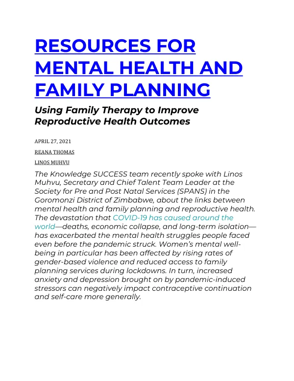 Resources for Mental Health and Family Planning: Using Family Therapy to Improve Reproductive Health Outcomes