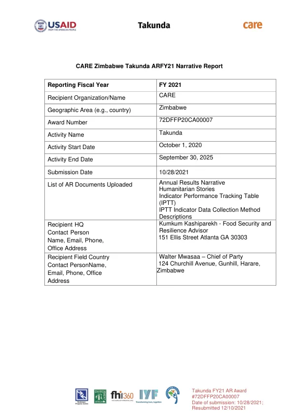 Takunda FY21 Annual Results Report Award #72DFFP20CA00007