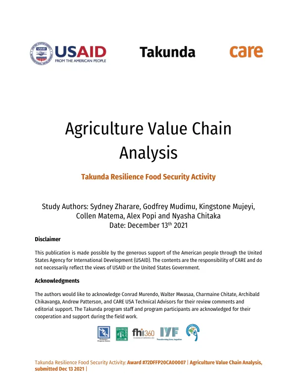 Takunda Resilience Food Security Activity: Agriculture Value Chain Analysis