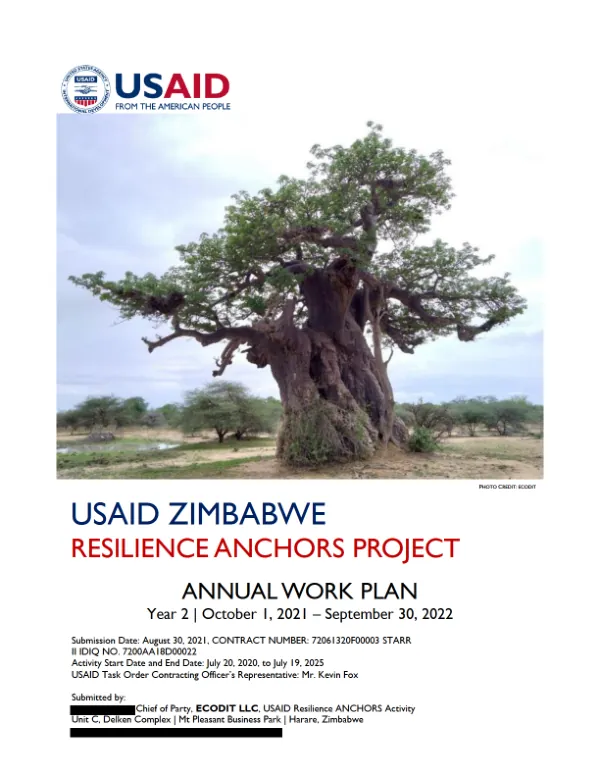 USAID Zimbabwe Resilience ANCHORS Activity | Annual Work Plan Y2 | August 2021
