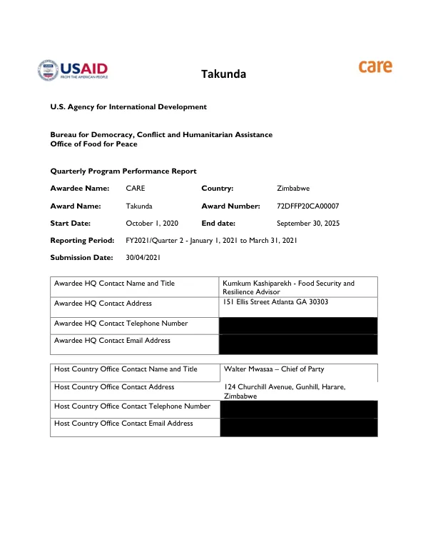 Quarterly Program Performance Report: Takunda #72DFFP20CA00007 - FY21Q2
