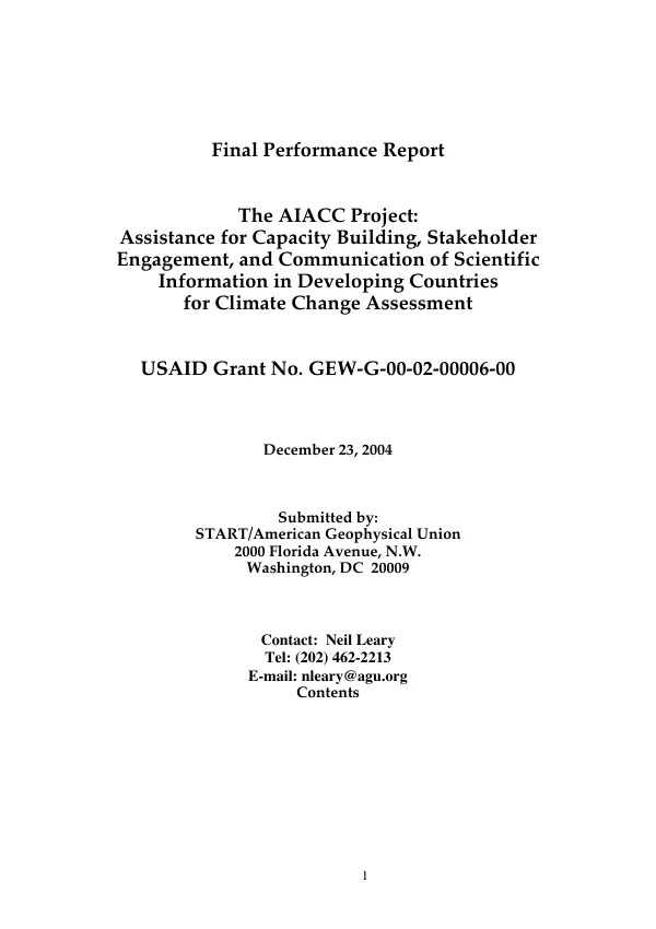 Final performance report -- the AIACC project : assistance for capacity building, stakeholder engagement, and communication of scientific information in developing countries for climate change assessment