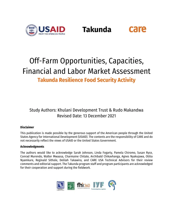 Off-Farm Opportunities, Capacities, Financial and Labor Market Assessment for Takunda Resilience Food Security Activity