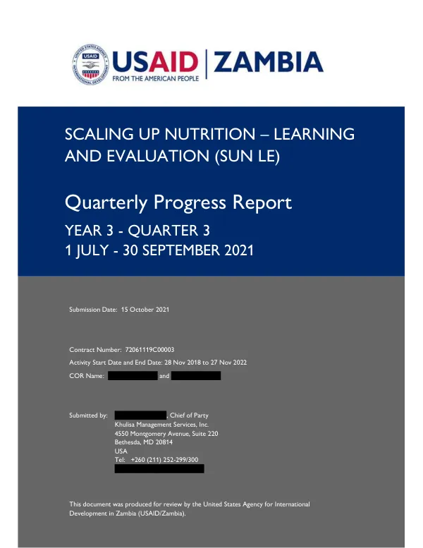 Scaling Up Nutrition - Learning and Evaluation (SUN LE) Quarterly Report – Year 3 Quarter 3 (1 July – 30 September 2021)
