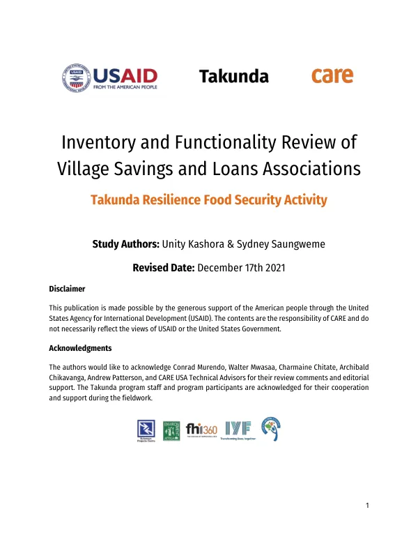 Inventory and Functionality Review of Village Savings and Loans Associations Takunda Resilience Food Security Activity