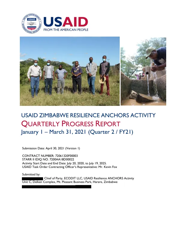USAID Zimbabwe Resilience ANCHORS Activity Quarterly Progress Report January 1 – March 31, 2021