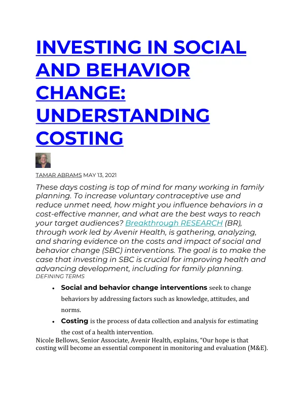 Investing in Social and Behavior Change: Understanding Costing