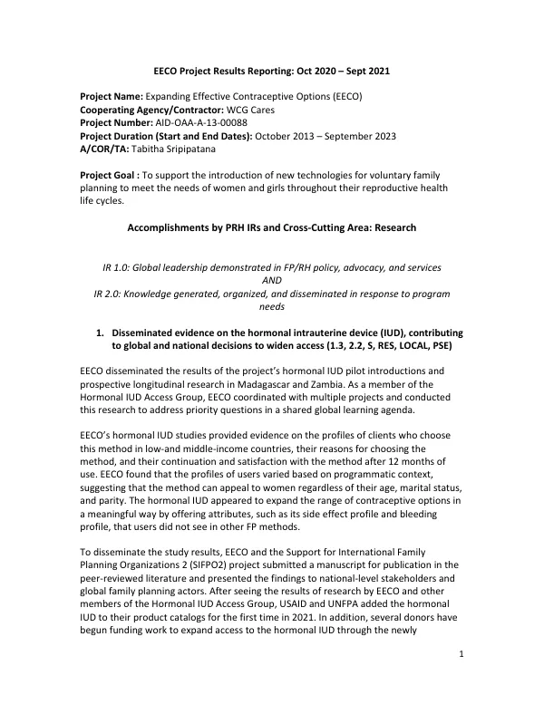 Expanding Effective Contraceptive Options (EECO) Project Results Reporting: Oct 2020 – Sept 2021