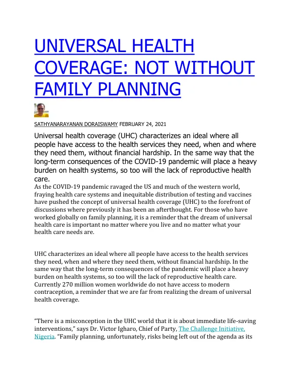 Universal Health Coverage: Not Without Family Planning