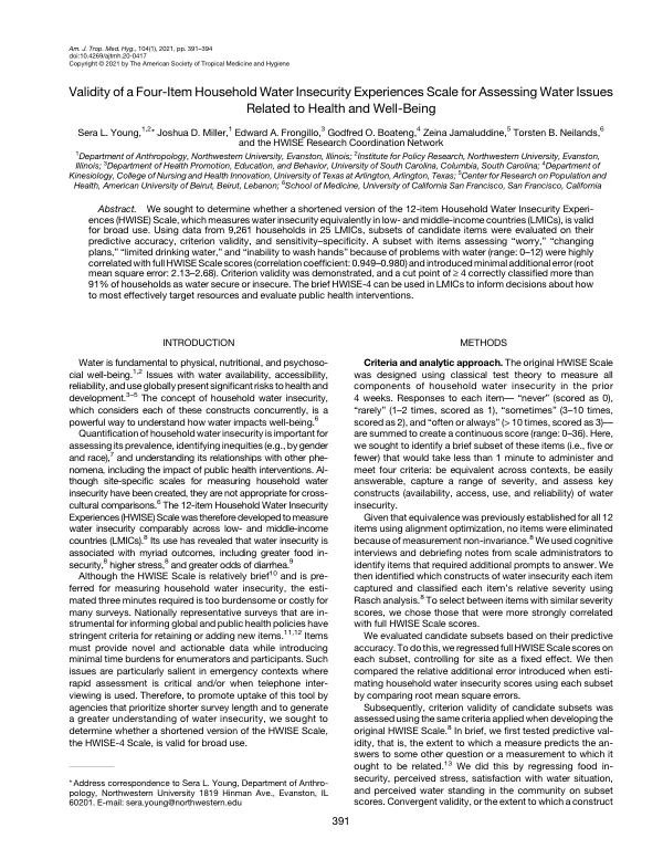 Validity of a Four-Item Household Water Insecurity Experiences Scale for Assessing Water Issues Related to Health and Well-Being
